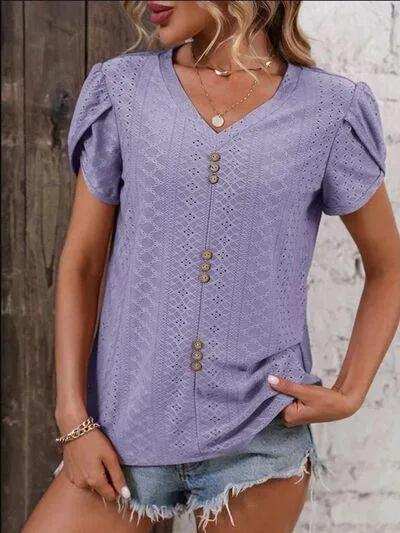Eyelet V-Neck Petal Sleeve T-Shirt - Trendsi - Flyclothing LLC