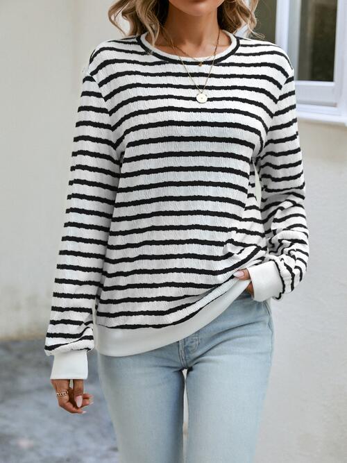 Trendsi Striped Round Neck Long Sleeve Top Charcoal / XL