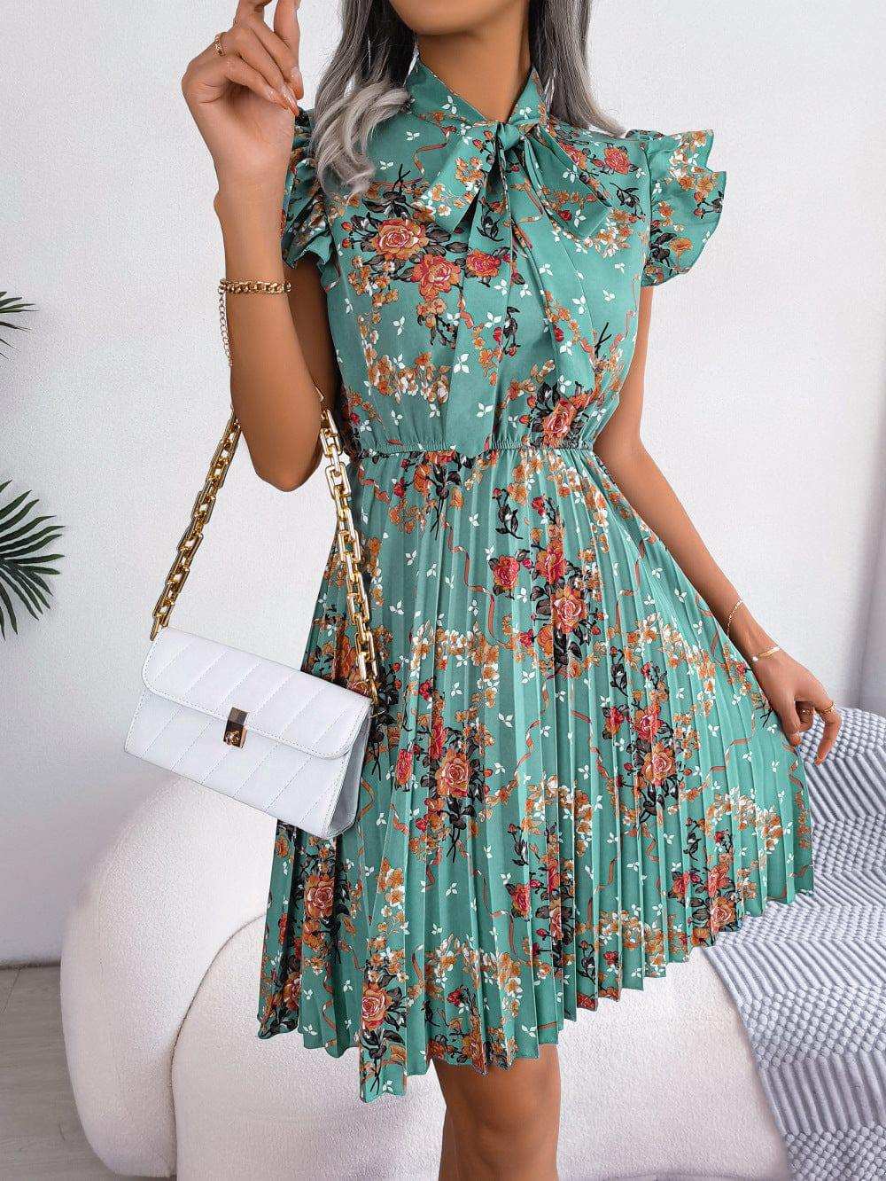Pleated Floral Printed Tie Neck Knee Length Dress - Trendsi - Flyclothing LLC