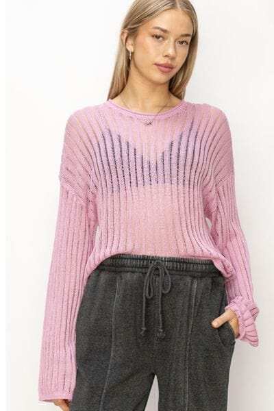 HYFVE Openwork Ribbed Long Sleeve Knit Top - Trendsi - Flyclothing LLC