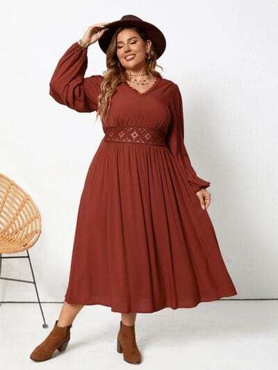 Plus Size Lace Detail V-Neck Balloon Sleeve Dress - Trendsi - Flyclothing LLC