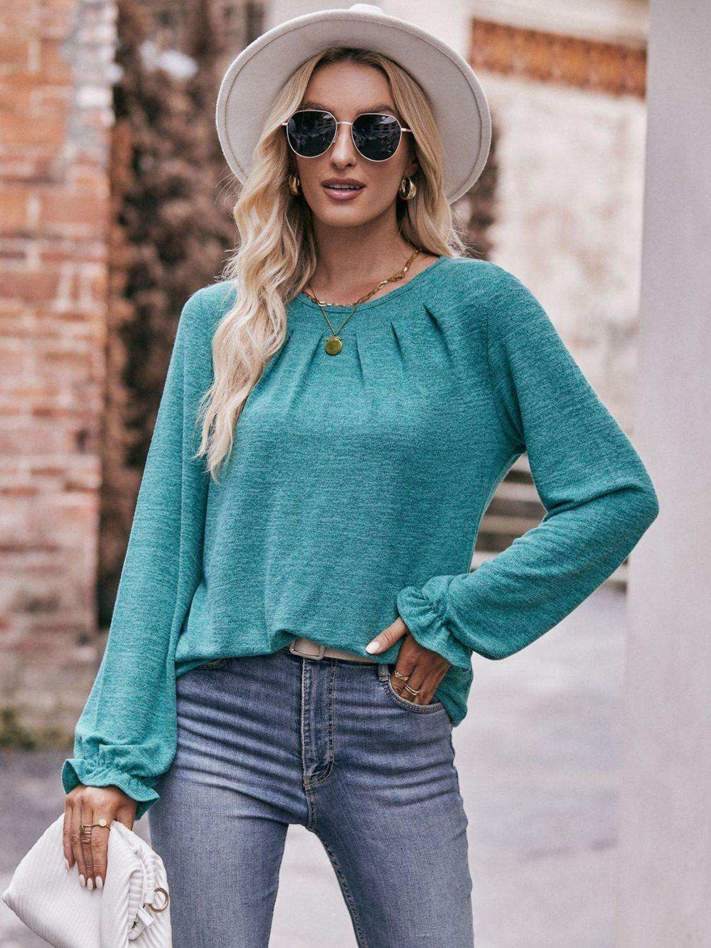 Long Flounce Sleeve Round Neck Blouse - Trendsi - Flyclothing LLC