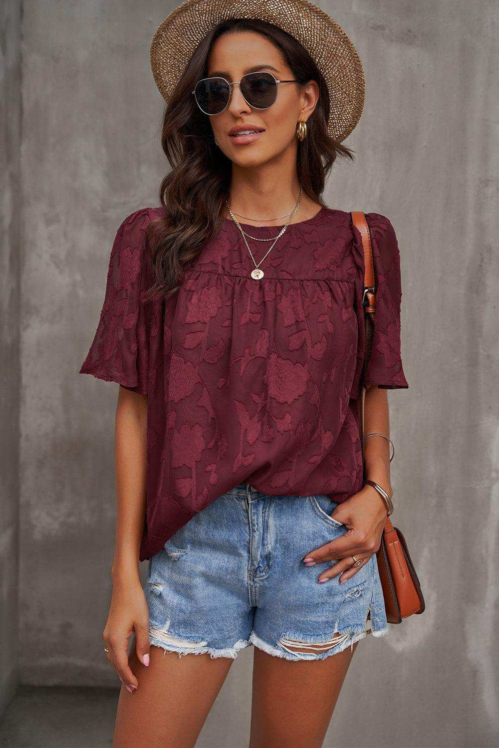 Round Neck Puff Sleeve Blouse - Trendsi - Flyclothing LLC