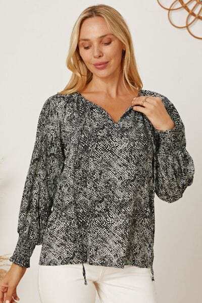 Printed Tie Neck Lantern Sleeve Blouse - Trendsi - Flyclothing LLC