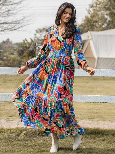 Printed Smocked Tie Neck Balloon Sleeve Maxi Dress - Trendsi - Flyclothing LLC