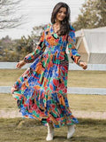 Printed Smocked Tie Neck Balloon Sleeve Maxi Dress - Trendsi - Flyclothing LLC