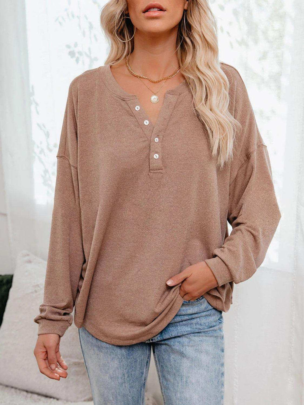 Buttoned Drop Shoulder Top - Trendsi - Flyclothing LLC