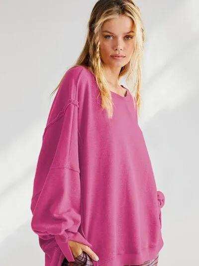 Slit Round Neck Dropped Shoulder T-Shirt - Trendsi - Flyclothing LLC