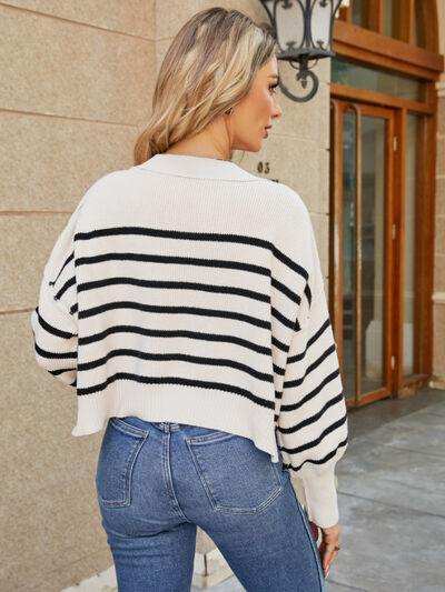 Round Neck Striped Lantern Sleeve Sweater - Trendsi - Flyclothing LLC