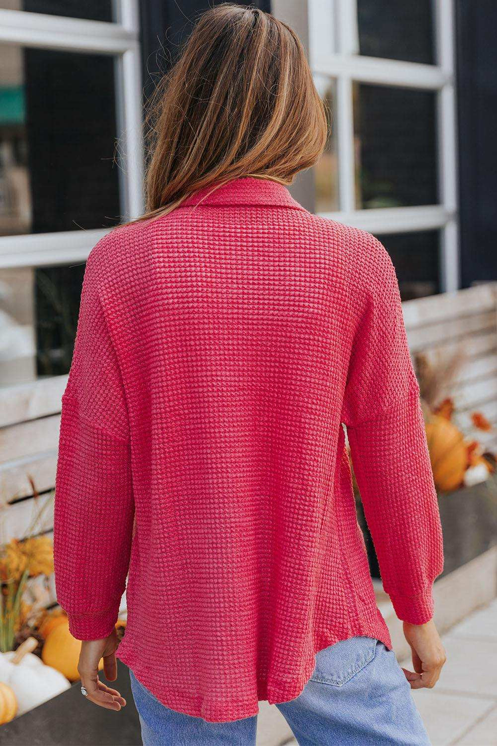 Waffle-knit Collared Neck Dropped Shoulder Shirt - Trendsi - Flyclothing LLC