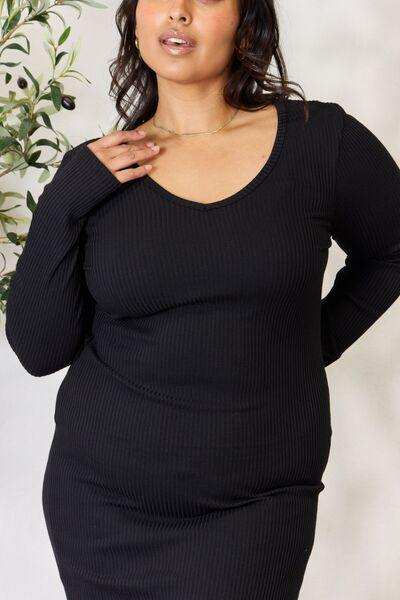 Culture Code Full Size Ribbed Long Sleeve Midi Slit Dress - Trendsi - Flyclothing LLC