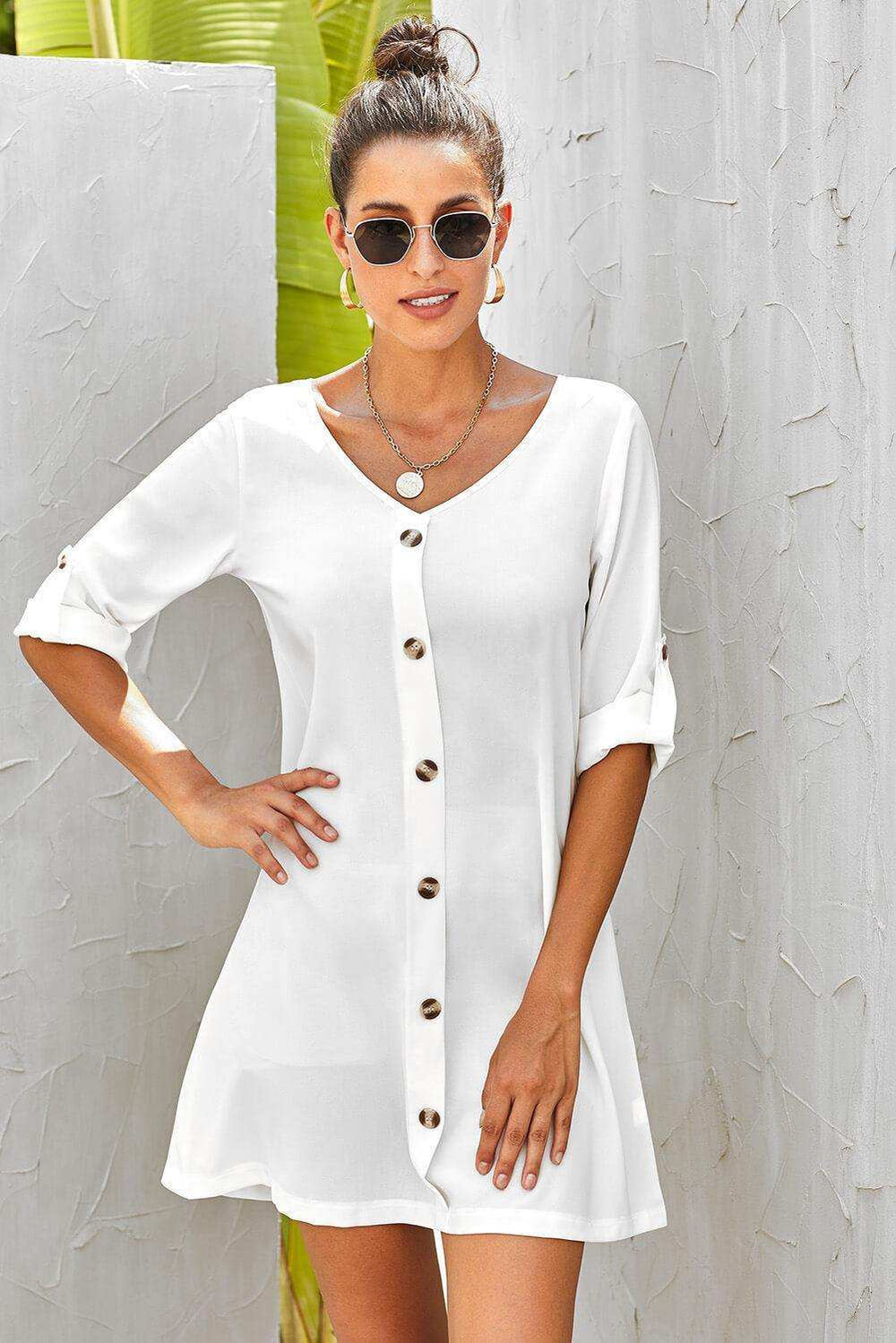 Buttoned V-Neck Dress - Trendsi - Flyclothing LLC
