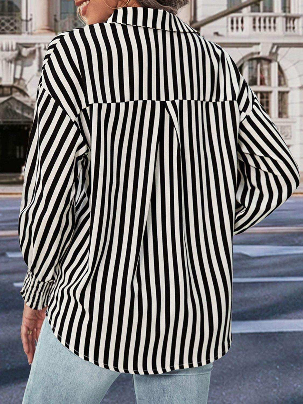 Striped Dropped Shoulder Smocked Wristband Shirt - Trendsi - Flyclothing LLC