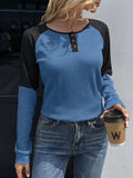 Contrast Buttoned Round Neck Raglan Sleeve Top - Trendsi - Flyclothing LLC