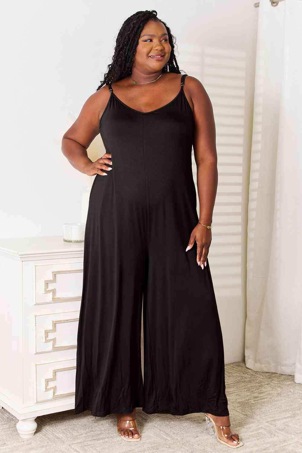 Double Take Full Size Soft Rayon Spaghetti Strap Tied Wide Leg Jumpsuit - Trendsi - Flyclothing LLC