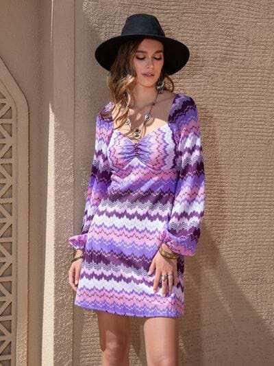 Printed Sweetheart Neck Balloon Sleeve Dress - Trendsi - Flyclothing LLC