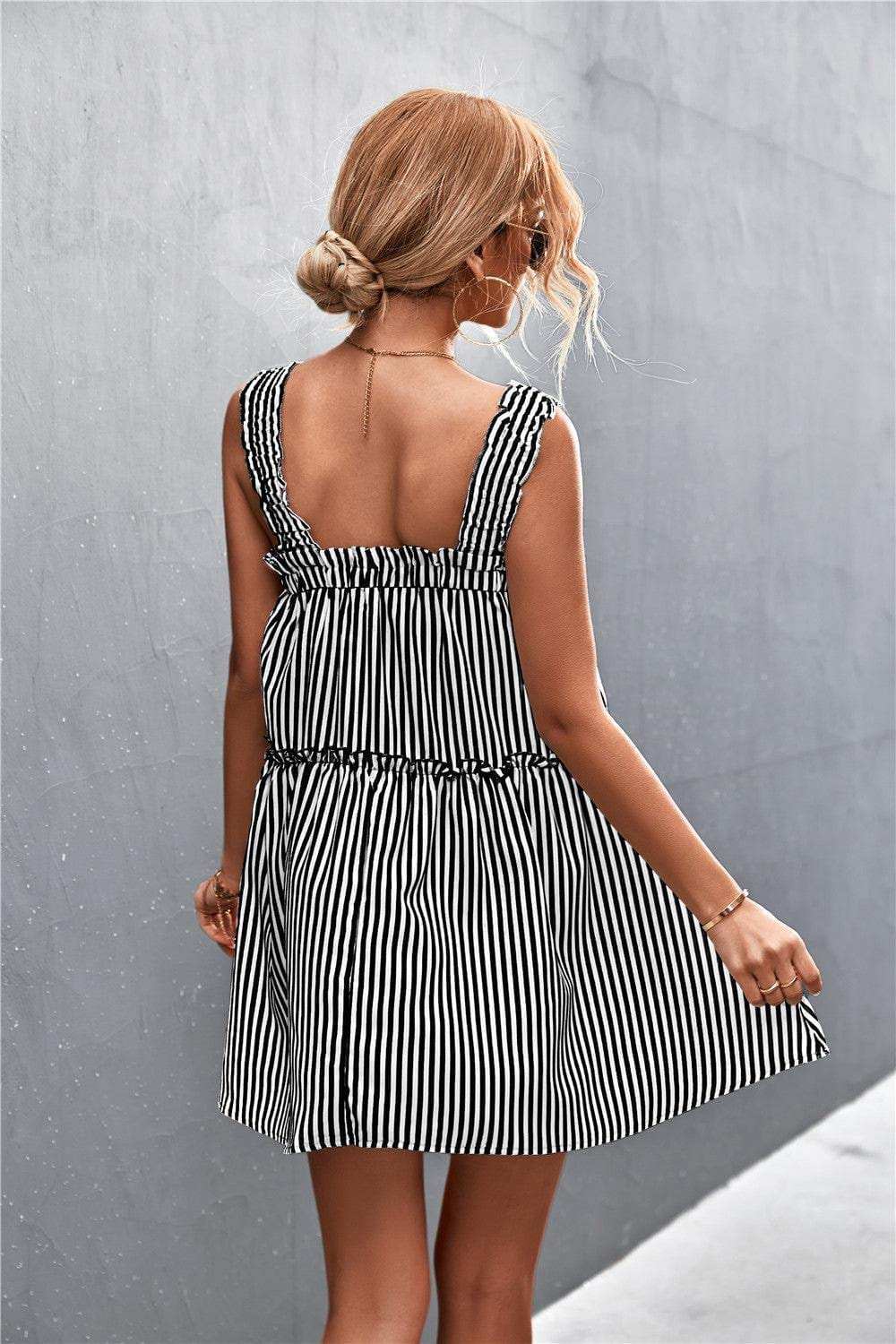 Striped Frill Trim Square Neck Dress - Trendsi - Flyclothing LLC