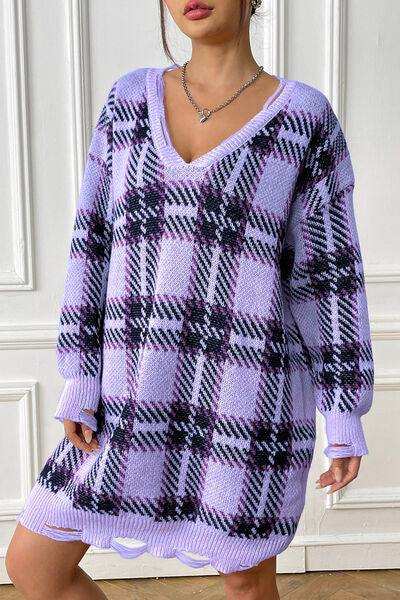 Plaid V-Neck Long Sleeve Sweater Dress - Trendsi - Flyclothing LLC