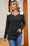 Eyelet Ribbed Round Neck Long Sleeve T-Shirt - Trendsi - Flyclothing LLC