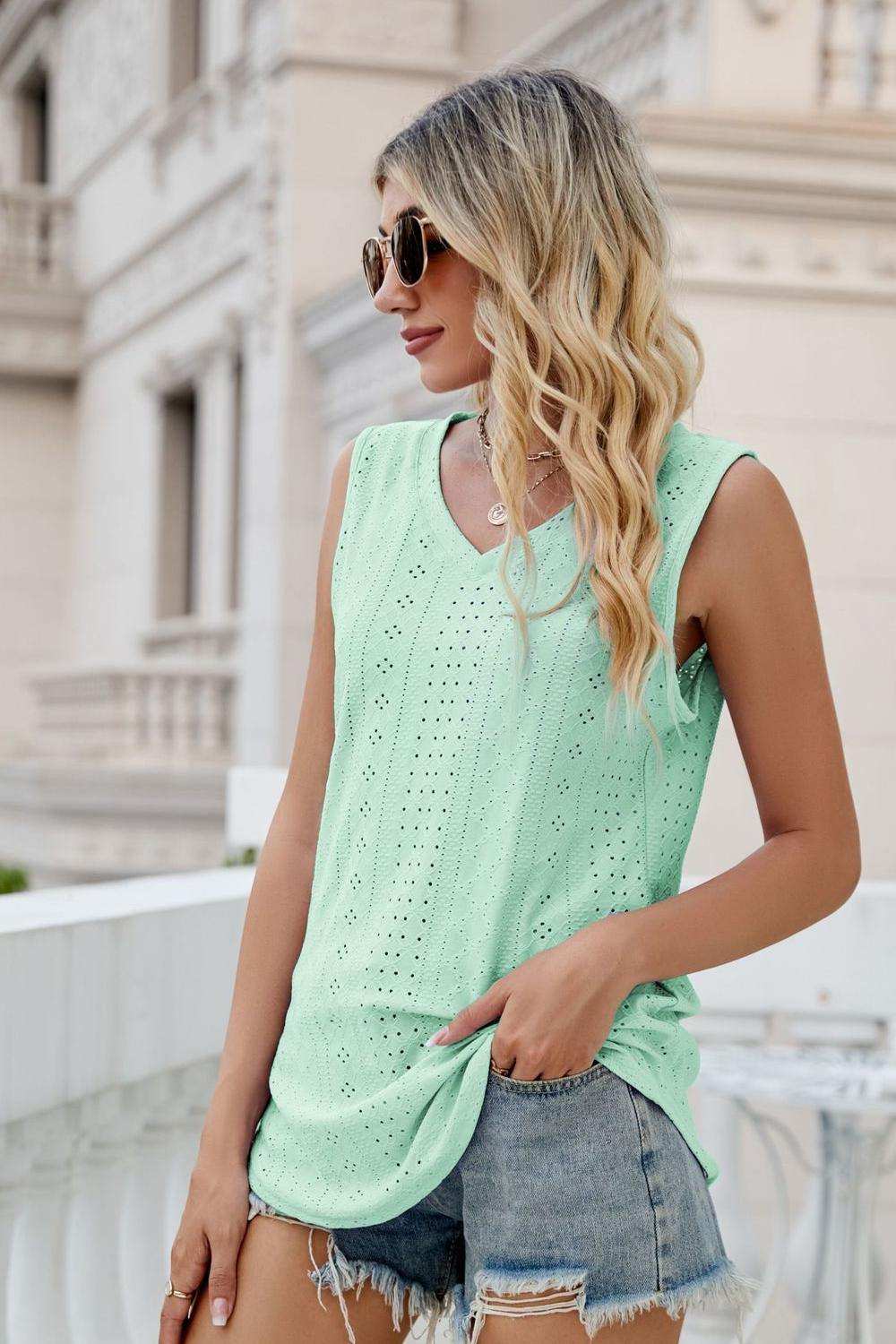 Eyelet V-Neck Tank - Trendsi - Flyclothing LLC