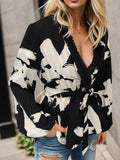 Printed Tie Front Lace Detail Cardigan - Trendsi - Flyclothing LLC