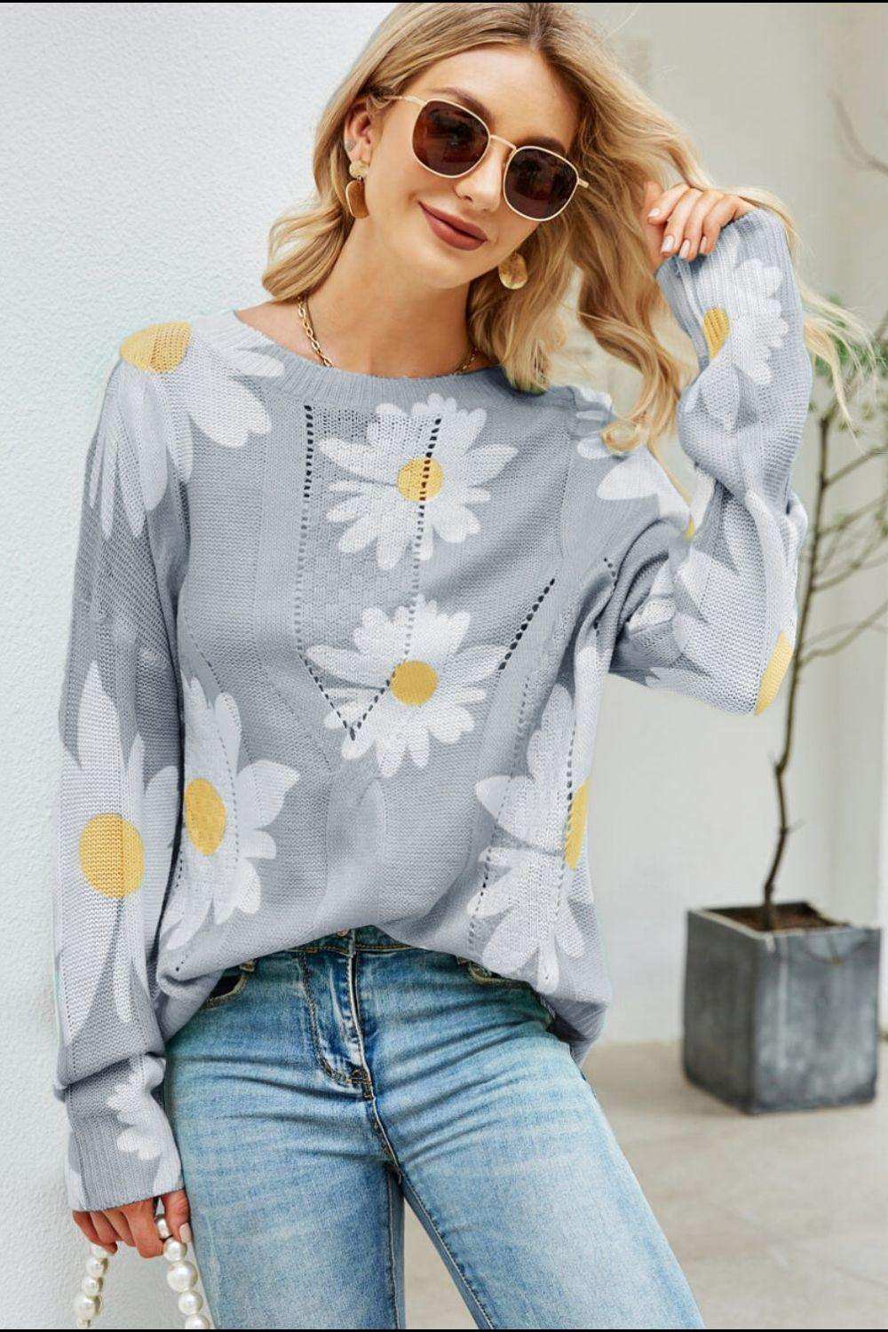 Daisy Print Openwork Round Neck Sweater - Trendsi - Flyclothing LLC