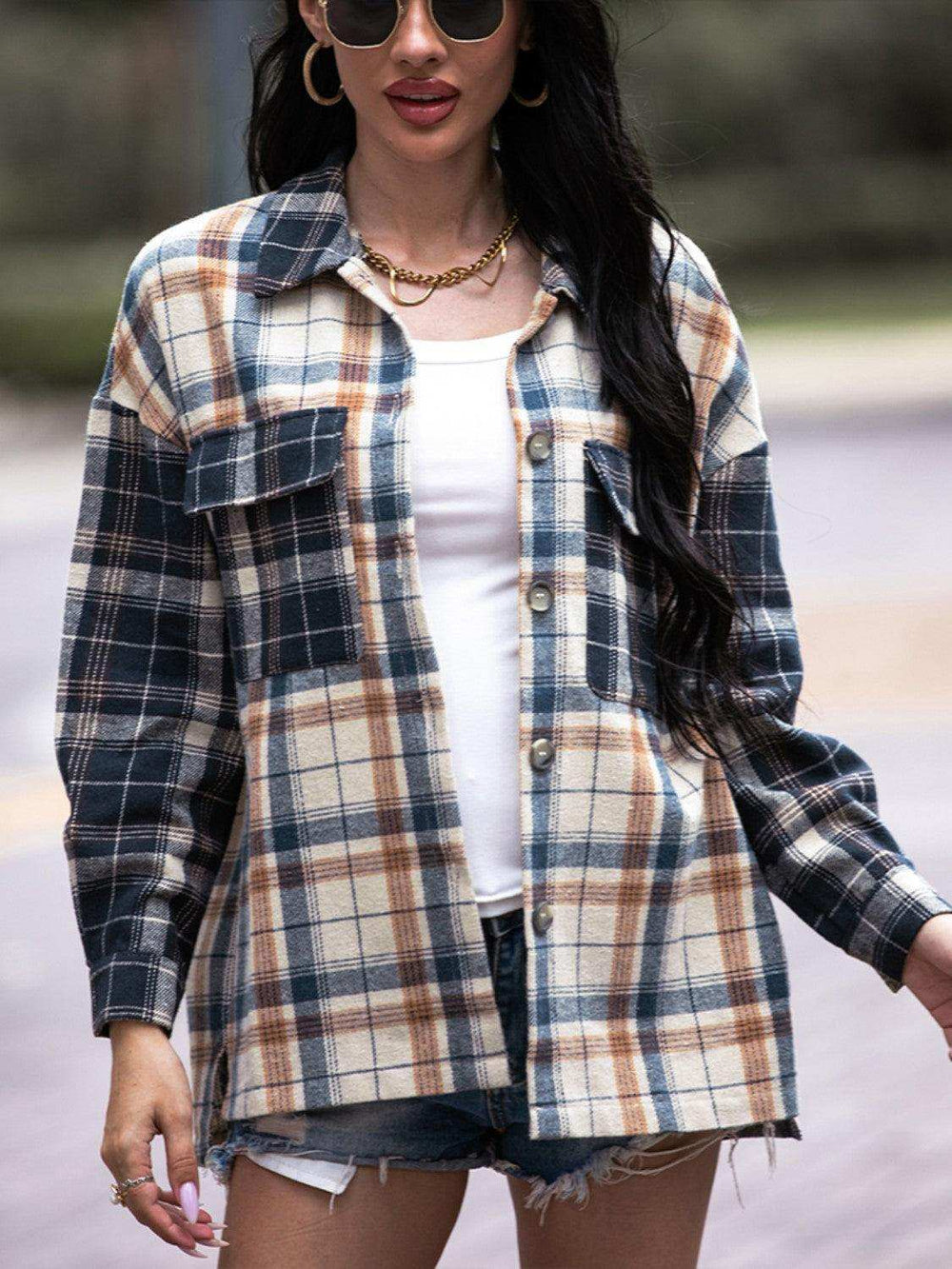 Plaid Dropped Shoulder Shacket - Trendsi - Flyclothing LLC