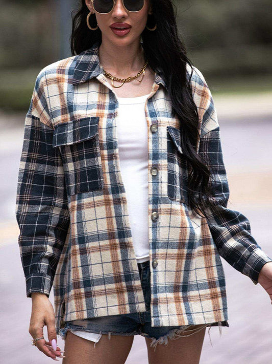 Plaid Dropped Shoulder Shacket - Trendsi - Flyclothing LLC