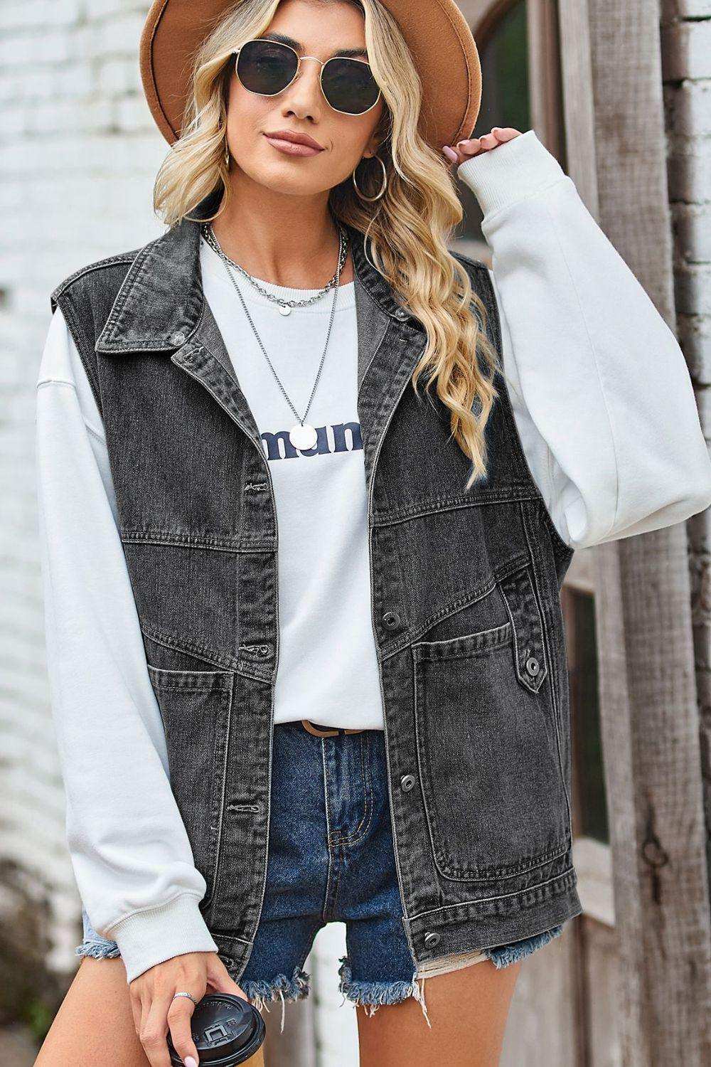 Sleeveless Denim Top with A Detachable Hood - Trendsi - Flyclothing LLC