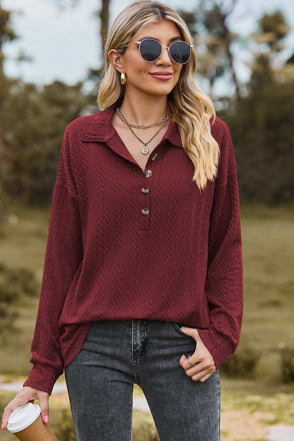 Half Button Dropped Shoulder Blouse - Trendsi - Flyclothing LLC