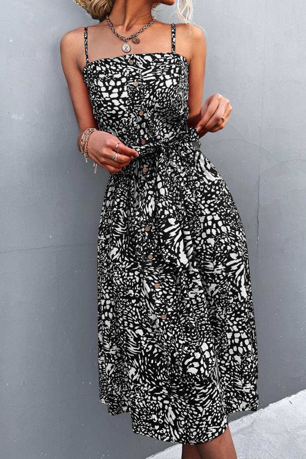 Printed Spaghetti Strap Decorative Button Belted Dress - Trendsi - Flyclothing LLC