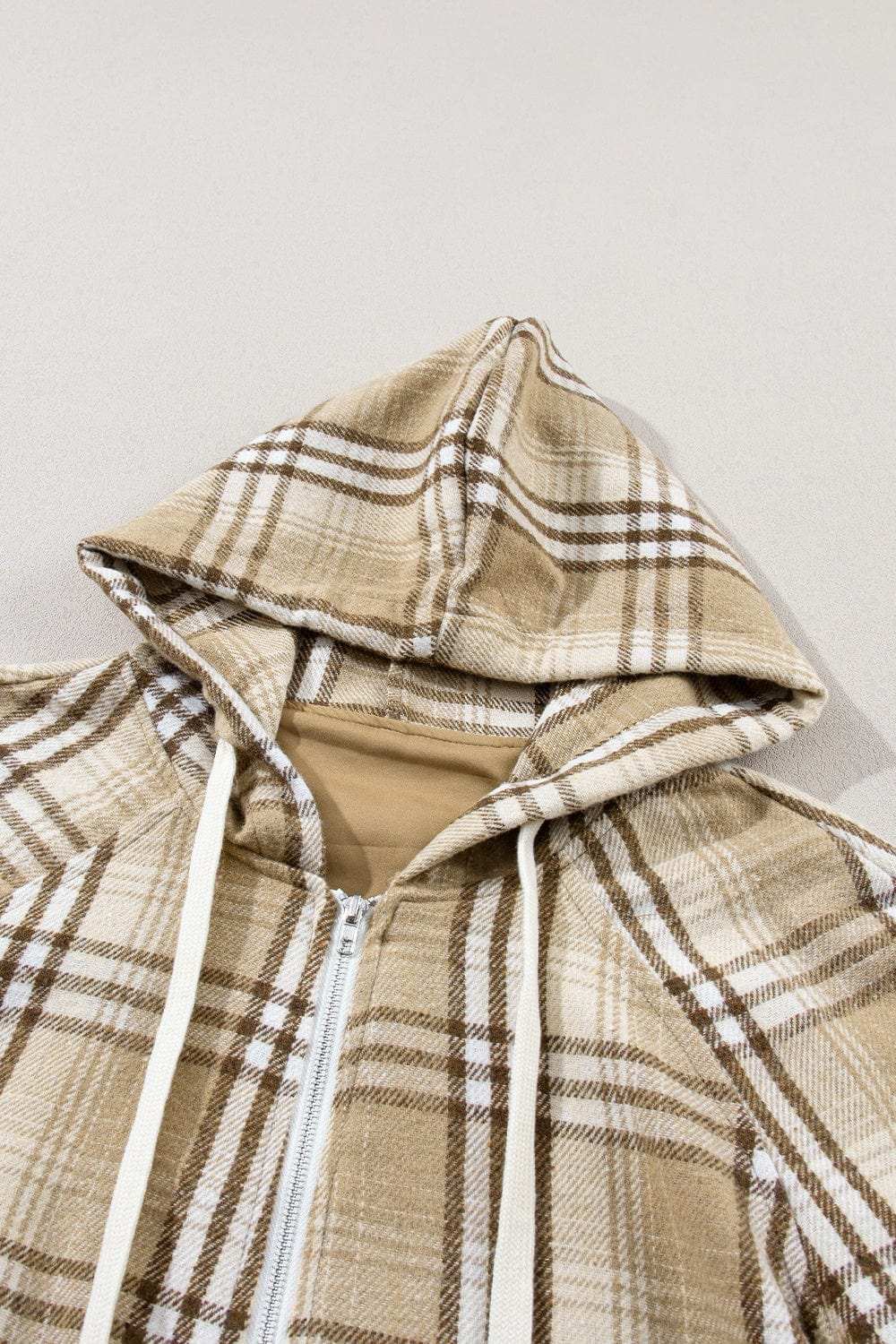 Drawstring Plaid Half Zip Raglan Sleeve Hoodie - Trendsi - Flyclothing LLC