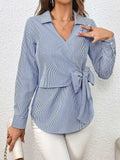 Bow Tie Waist Johnny Collar Neck Striped Blouse - Trendsi - Flyclothing LLC