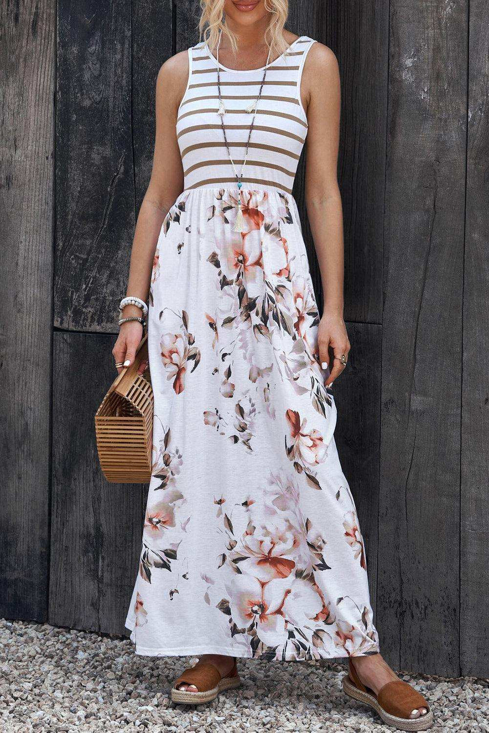 Striped Floral Round Neck Sleeveless Maxi Dress - Trendsi - Flyclothing LLC