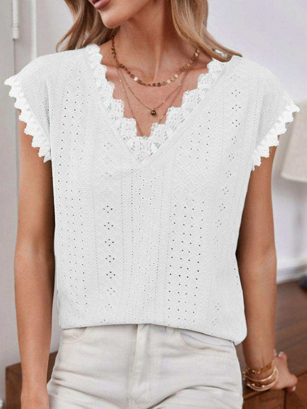 V-Neck Eyelet Short Sleeve Top - Trendsi - Flyclothing LLC