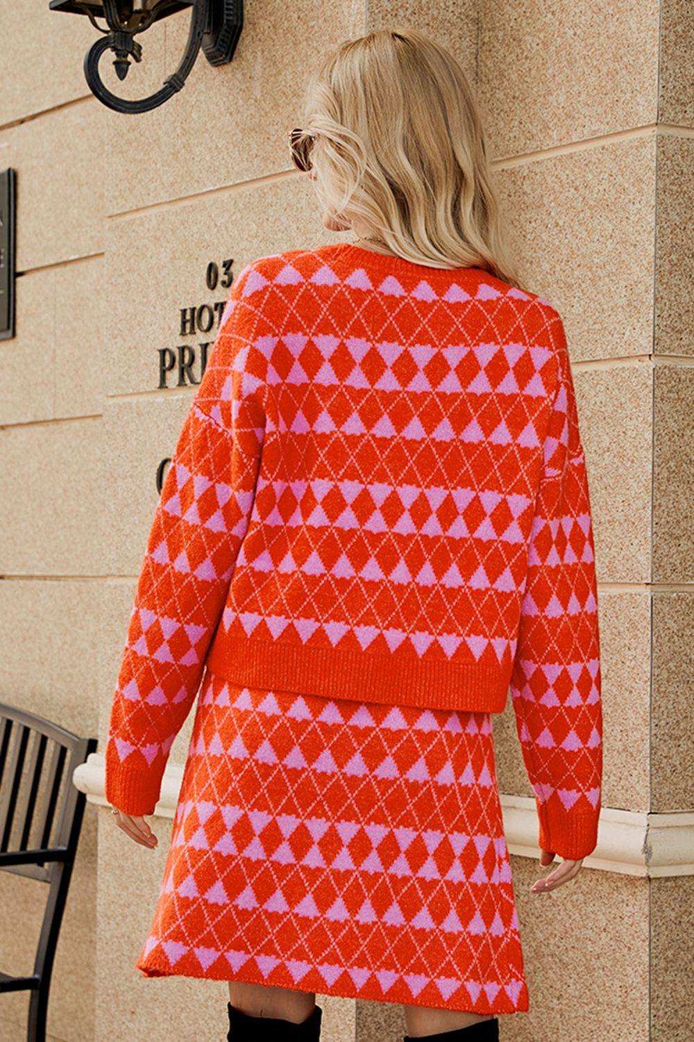 Geometric Dropped Shoulder Cardigan and Knit Skirt Set - Trendsi - Flyclothing LLC