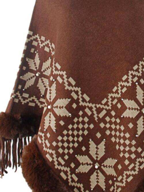 Fringe Geometric Cape Sleeve Poncho - Trendsi - Flyclothing LLC