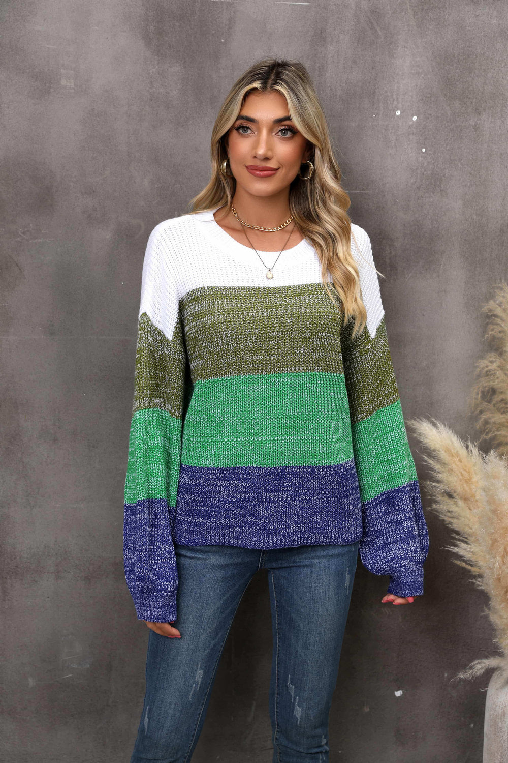 Color Block Round Neck Dropped Shoulder Sweater - Trendsi - Flyclothing LLC