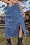 Slit Front Midi Denim Skirt with Pockets - Trendsi - Flyclothing LLC