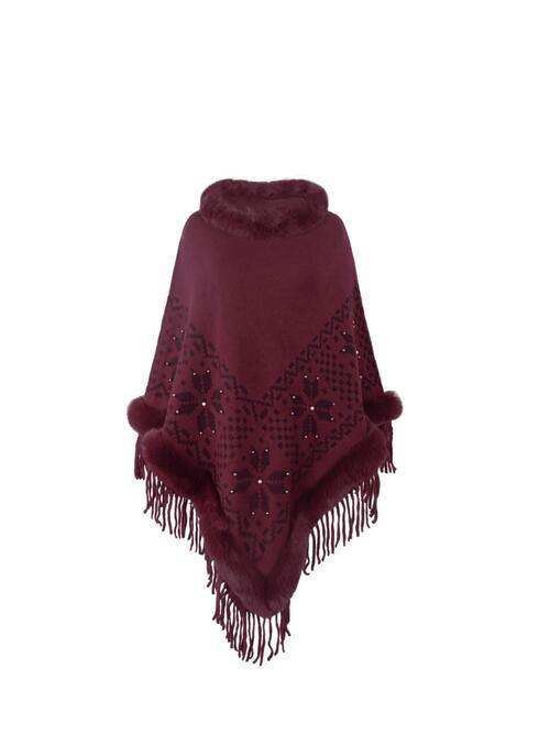Fringe Geometric Cape Sleeve Poncho - Trendsi - Flyclothing LLC