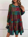 Patchwork Round Neck Long Sleeve Dress - Trendsi - Flyclothing LLC