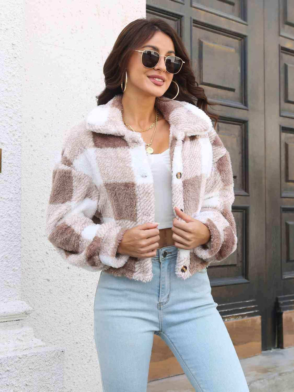 Plaid Dropped Shoulder Buttoned Jacket - Trendsi - Flyclothing LLC