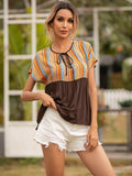 Striped Tie Neck Short Sleeve Blouse - Trendsi - Flyclothing LLC