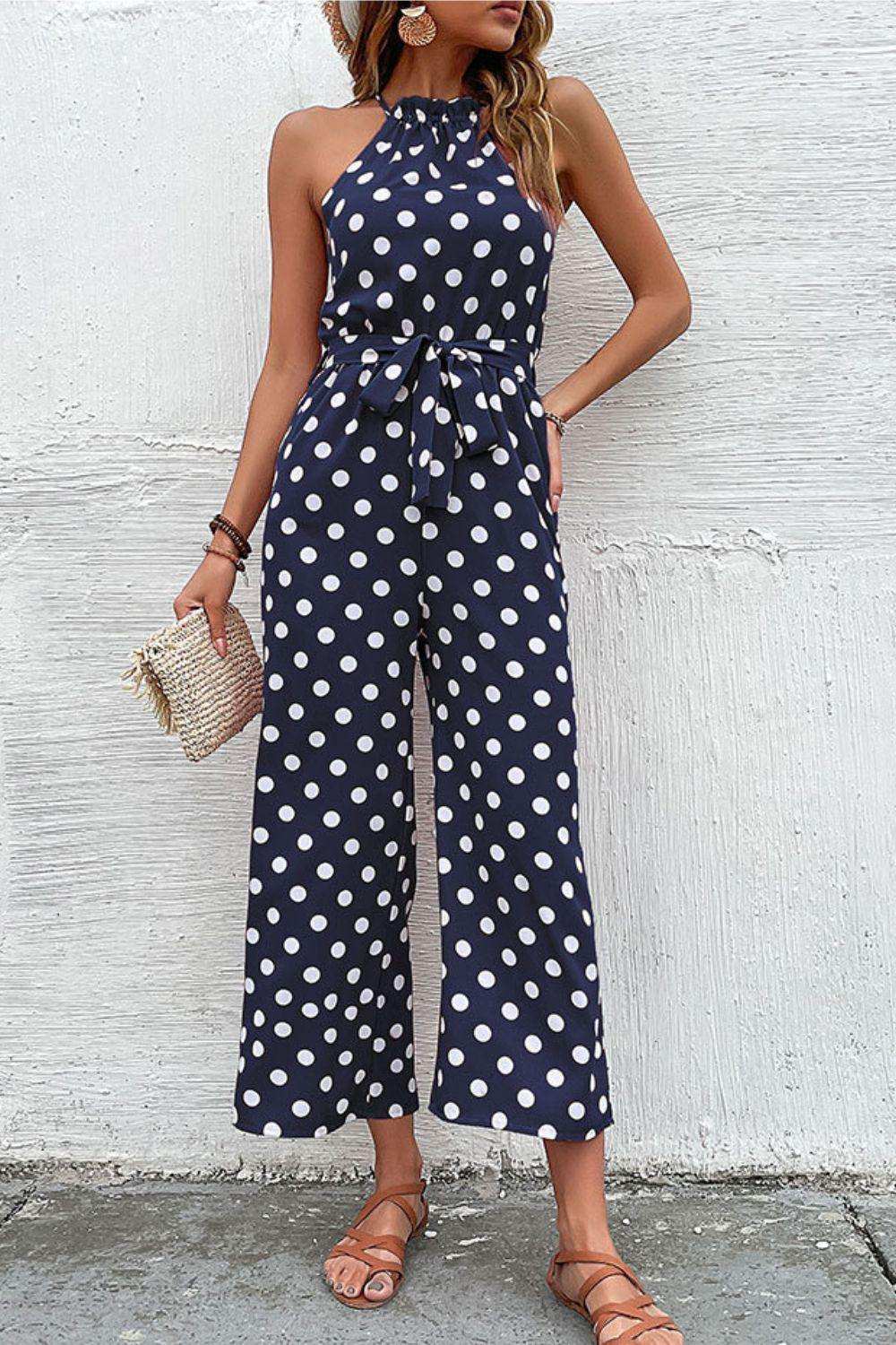 Polka Dot Grecian Wide Leg Jumpsuit - Trendsi - Flyclothing LLC