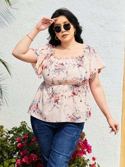Plus Size Frill Printed Flutter Sleeve Blouse - Trendsi - Flyclothing LLC
