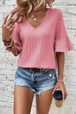 Textured V-Neck Flounce Sleeve Blouse - Trendsi - Flyclothing LLC