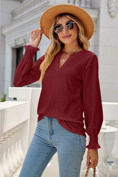 Eyelet Notched Lantern Sleeve T-Shirt - Trendsi - Flyclothing LLC