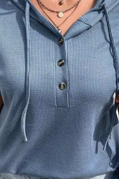 Plus Size Waffle-Knit Half Button Short Sleeve Hoodie - Trendsi - Flyclothing LLC