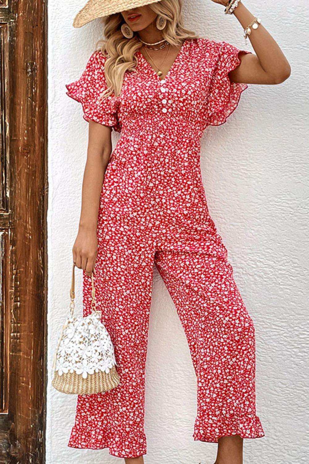 Printed Tie Back Ruffled Jumpsuit - Trendsi - Flyclothing LLC