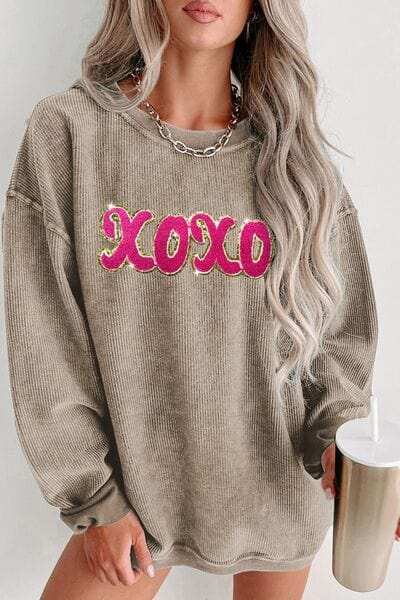 XOXO Sequin Round Neck Dropped Shoulder Sweatshirt - Trendsi - Flyclothing LLC